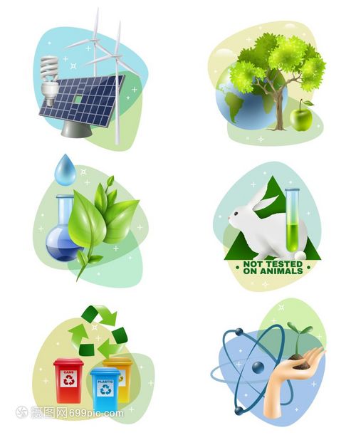 环境保护6个生态图标生态6图标清洁绿色能源发电机回收禁止动物测试孤立矢量插图